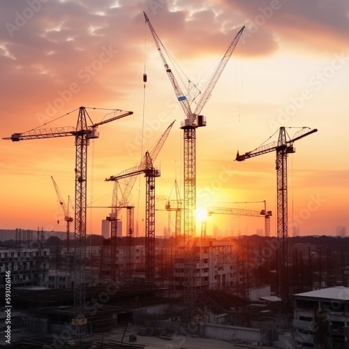 Construction site silhouette on heavy industry background with sunset. generative ai
