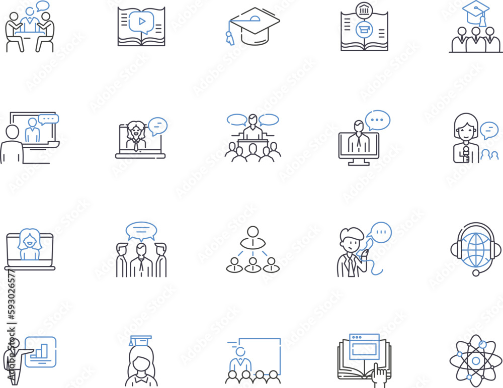 Teaching outline icons collection. Tutor, Instruct, Educate, Guide, Coach, Direct, Lecture vector and illustration concept set. Mentor, School, Teach linear signs