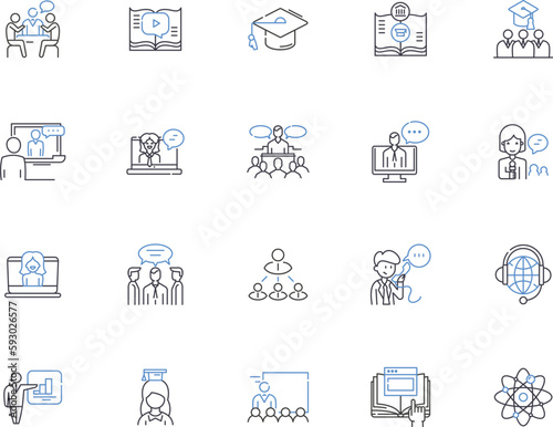 Teaching outline icons collection. Tutor, Instruct, Educate, Guide, Coach, Direct, Lecture vector and illustration concept set. Mentor, School, Teach linear signs