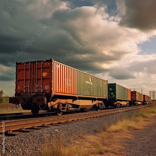 wagon of freight train with containers on the sky background. generative ai