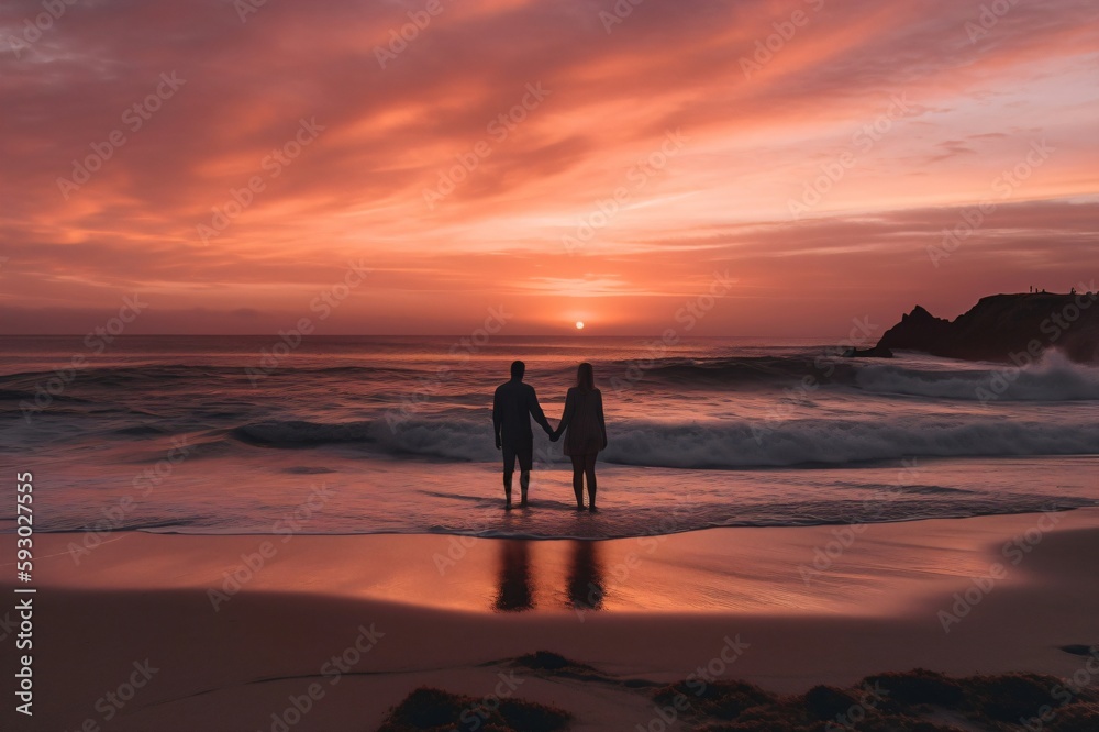 couple standing on the beach holding hands enjoying the sunset created with Generative AI technology