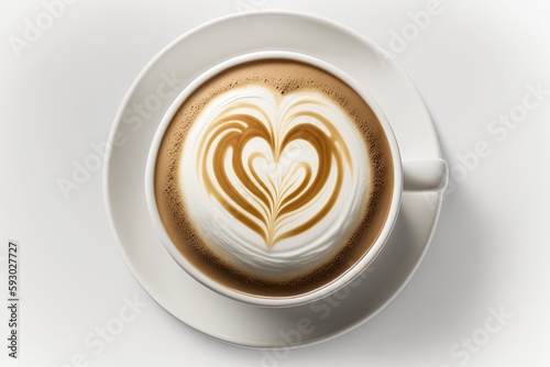 Hot coffee latte with heart shaped latte art at the top view in a white glass against a white background. Generative AI