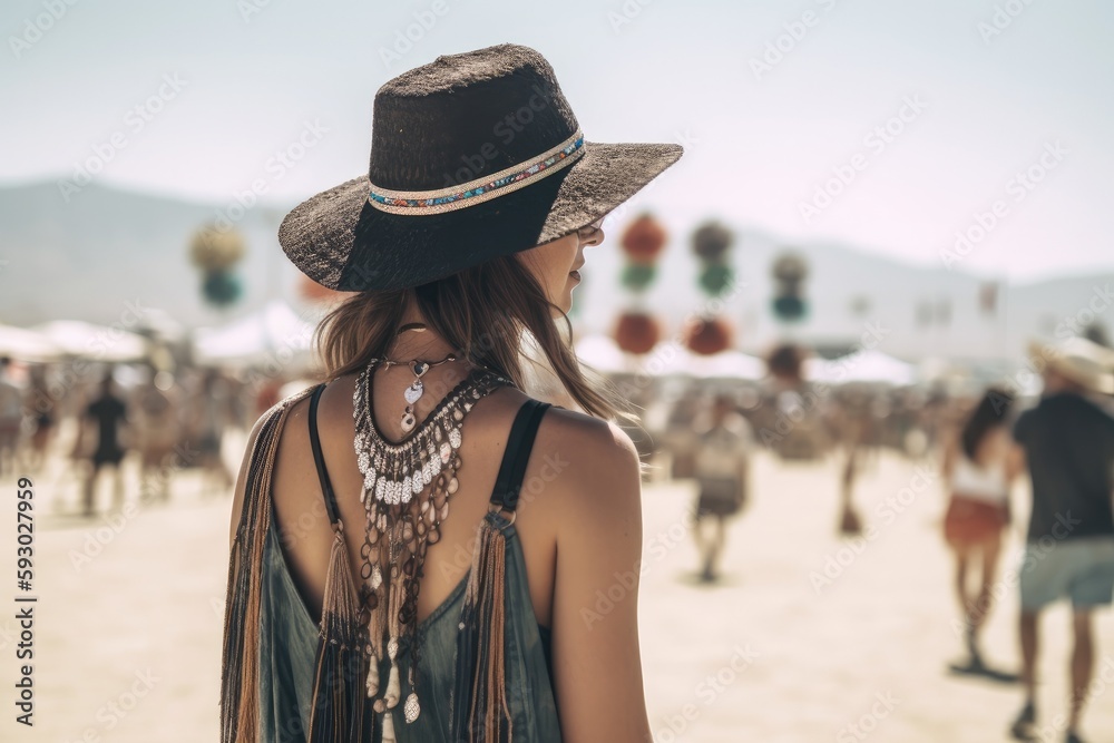 stylish Coachella festival fashion accessory, such as a floppy sun hat, fringed crossbody bag, chunky platform sandals, or layered boho necklaces, trendy and festival-ready outfit - Generative AI