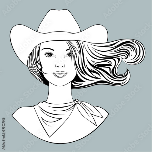 Head of a blonde woman with loose flowing hair in a cowboy hat. Linear black and white drawing. Vector illustration