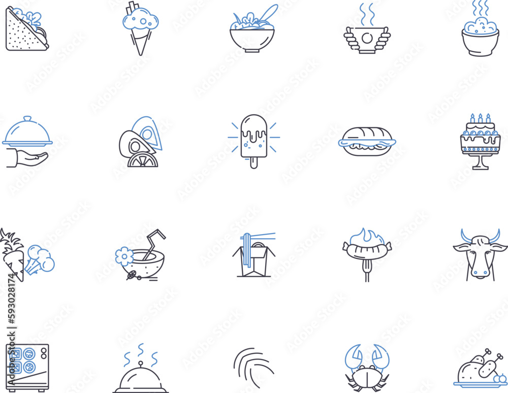 Grocery store outline icons collection. Grocery, Store, Supermarket, Foods, Produce, Fruits, Vegetables vector and illustration concept set. Beverages, Dairy, Meats linear signs