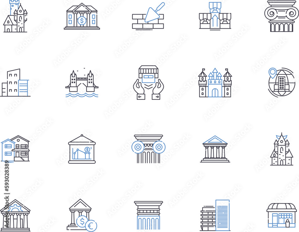 Urban design outline icons collection. Urban, Design, Streetscape, Planning, Landscape, Architecture, Infrastructure vector and illustration concept set. Facade, Community, Civic linear signs