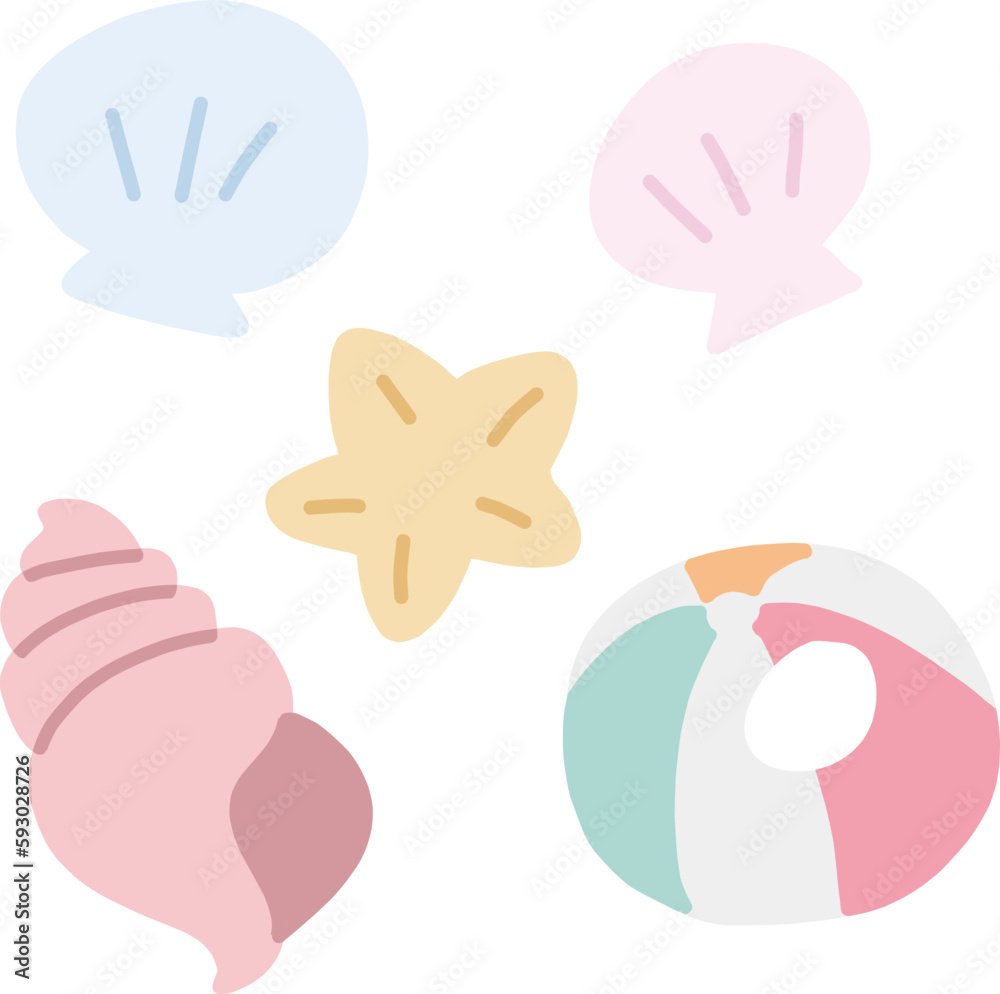 Obraz premium 貝やヒトデやビーチボールの海辺の小物素材セット