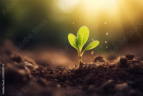 Young green sprout growing out of a soil with sun rays and water drops. Generative AI