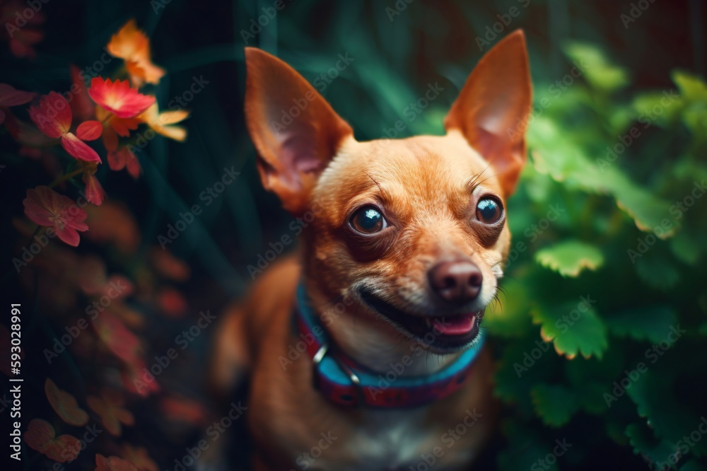 small brown dog with googly eyes and blue red collar created with Generative AI technology