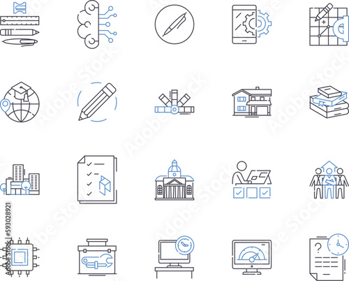 Engineering tech outline icons collection. Engineering, Technology, Innovate, Mechanics, Design, Construct, Develop vector and illustration concept set. Electronic, Mechanical, Architecture linear