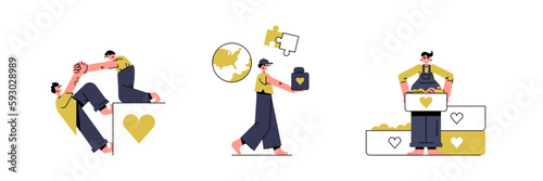 Set of different cartoon characters of young people volunteering. Men and woman doing donation and charity. Care for environment and helping other people. Vector