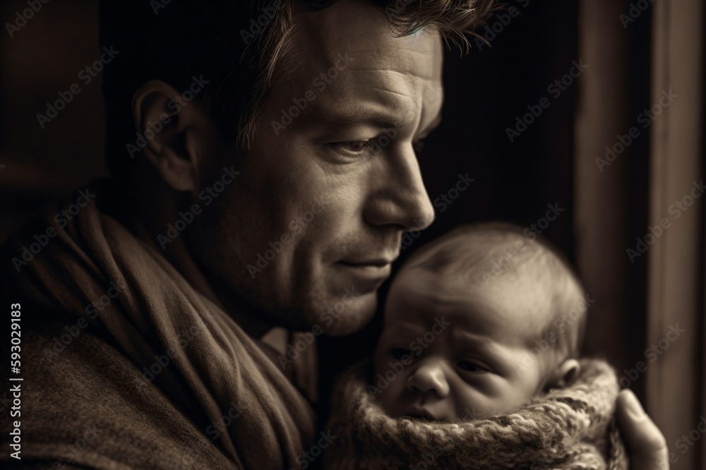man with short hair holds a baby in his arms created with Generative AI technology man with short hair holds a baby in his arms created with Generative AI technology