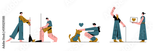 Set of cartoon characters doing their voluntary altruistic activities. Time for environmental protection. Charity and financial support. Helping pets for free. Humanitarian aid organization. Vector