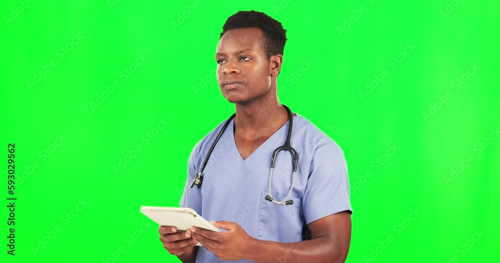 Digital tablet, black man and doctor in green screen studio thinking, planning and online consulting on mockup background. Hospital, schedule and nurse on app for telehealth, help or advice isolated Digital tablet, black man and doctor in green screen studio thinking, planning and online consulting on mockup background. Hospital, schedule and nurse on app for telehealth, help or advice isolated