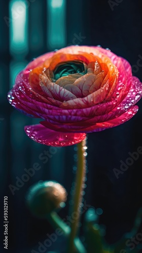 Ranunculus flower with waterdrops. Close up. Generative AI