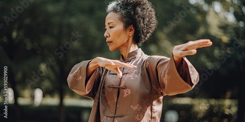 woman practicing Tai chi in the park on a warm day