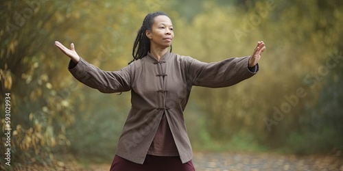 woman practicing Tai chi in the park on a warm day, generative AI