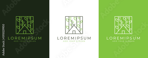 Abstract tree house logo design template with modern line art style Premium Vector design