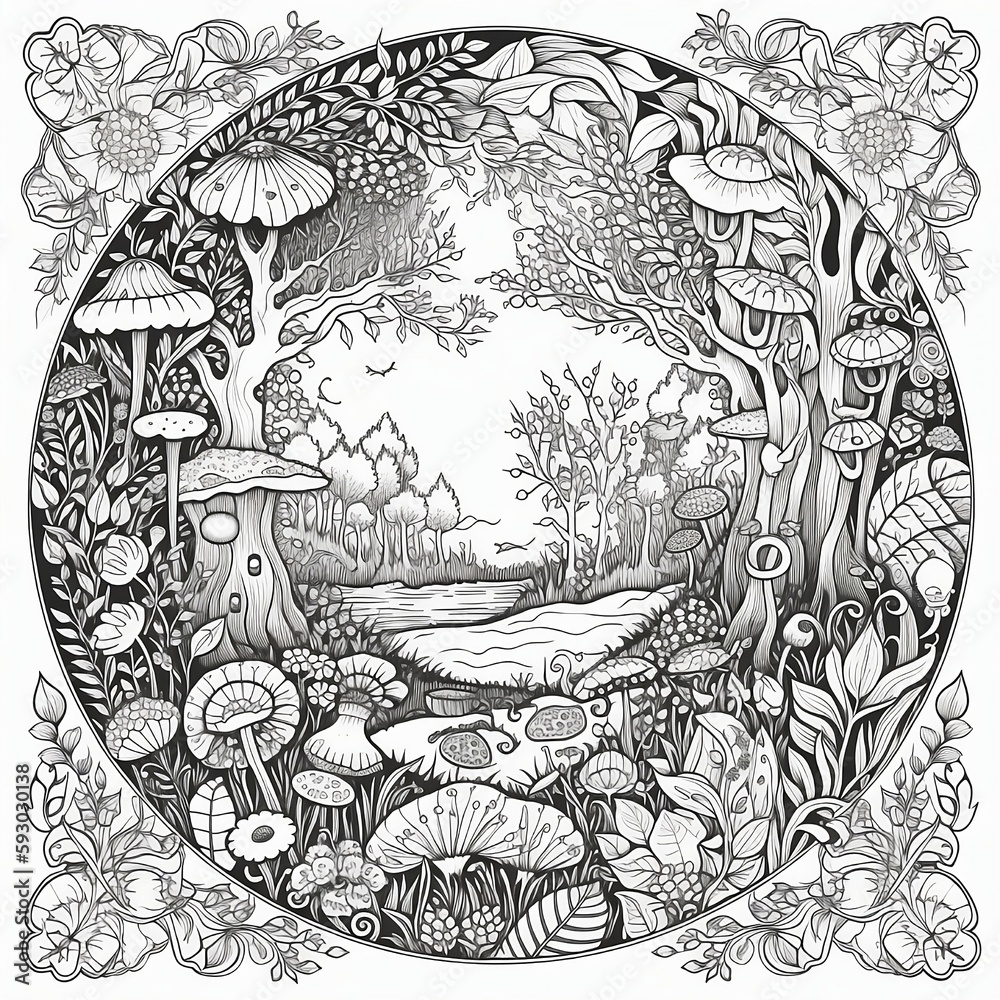 Coloring pages of an enchanted garden, black and white, generative Al 