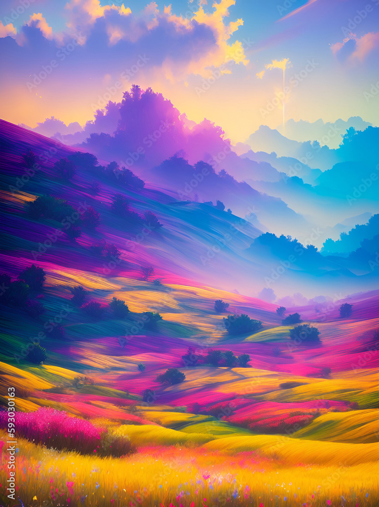 Rainbow painting. Colourful fields landscapes. AI generated illustration