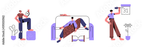 Set of cartoon characters planning and managing their time. Concept of increasing productivity and efficiency. Process of managing schedule being at home. Vector