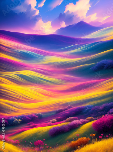Rainbow painting. Colourful fields landscapes. AI generated illustration