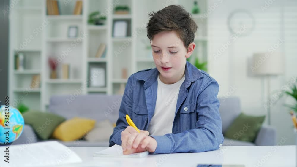 Webcam vew Schoolboy learn online remotely lecture by video call Distance learning listens and watches a course or webinar, notes a notebook E-Education remote teacher looks at camera computer at home