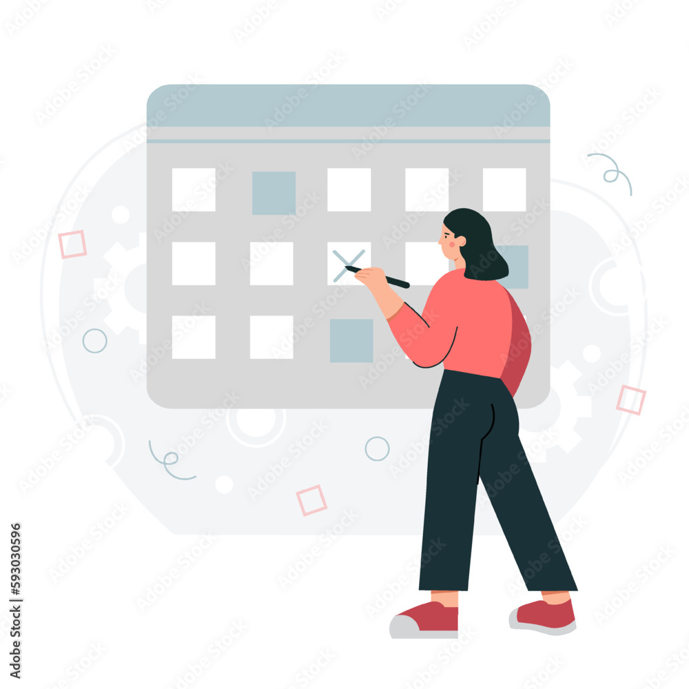 Cartoon character of young woman planning her working schedule. Process of developing effective time management strategy. Making calendar schedule. Vector Cartoon character of young woman planning her working schedule. Process of developing effective time management strategy. Making calendar schedule. Vector