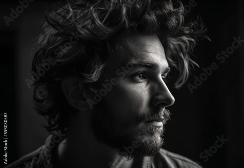 handsome man with curly hair and beard in side profile created with Generative AI technology