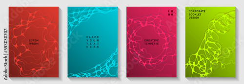 Gorgeous music party flyers. Linked curve lines blockchain textures. Creative banner vector layouts. Electronic music party posters set fluid wavy graphic design.