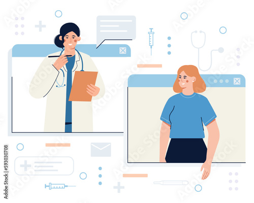 Young female doctor providing modern healthcare services via Internet. Process of giving online consultation to patients. Video call meeting with therapist. Vector