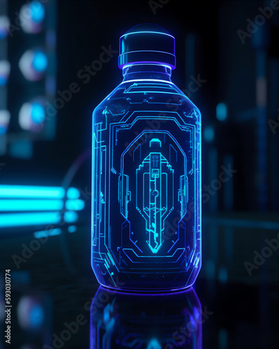 Future neon tech with a bottle in a bar