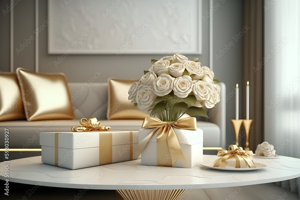 Romantic Gift and Roses Flower in Room. Created with Generative AI technology