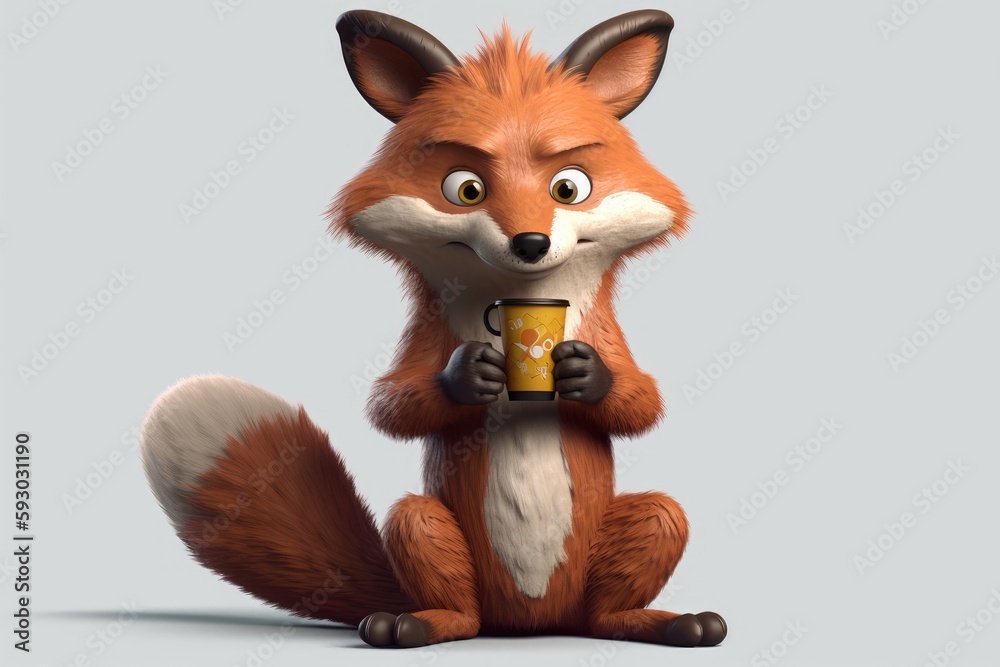 Fototapeta premium Cartoon fox holding a coffee cup is adorable. Generative AI