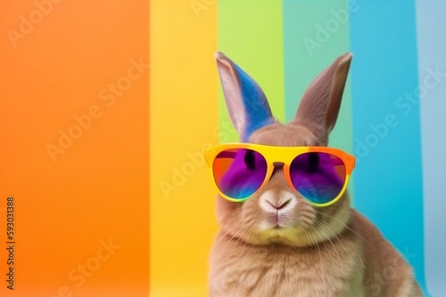 bunny with sunglasses on colorful background. Generative AI