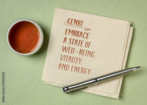 Japanese concept of genki - embrace a state of well-being, vitality, and energy. Inspirational note on a napkin. Personal development concept.