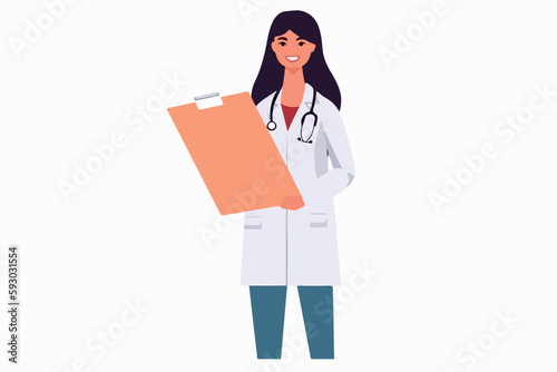 woman doctor holds a medical record and smile on a white background, vector flat illustration, Medical concept, Health сare сoncept