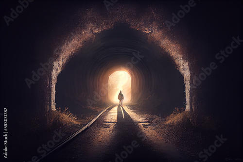 light at the end of tunnel with man walking to it, psychology concept in golden light