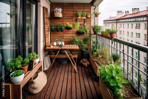 urban balcony garden. organic vegetable gardening in the city. Generative ai illustration