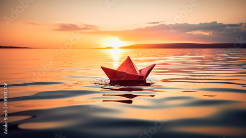 Red paper boat sailing on calm water in sunset. Travel and vacation background. Generative ai Edited © Jezper