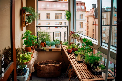 urban balcony garden organic vegetable gardening in the city. Generative ai illustration