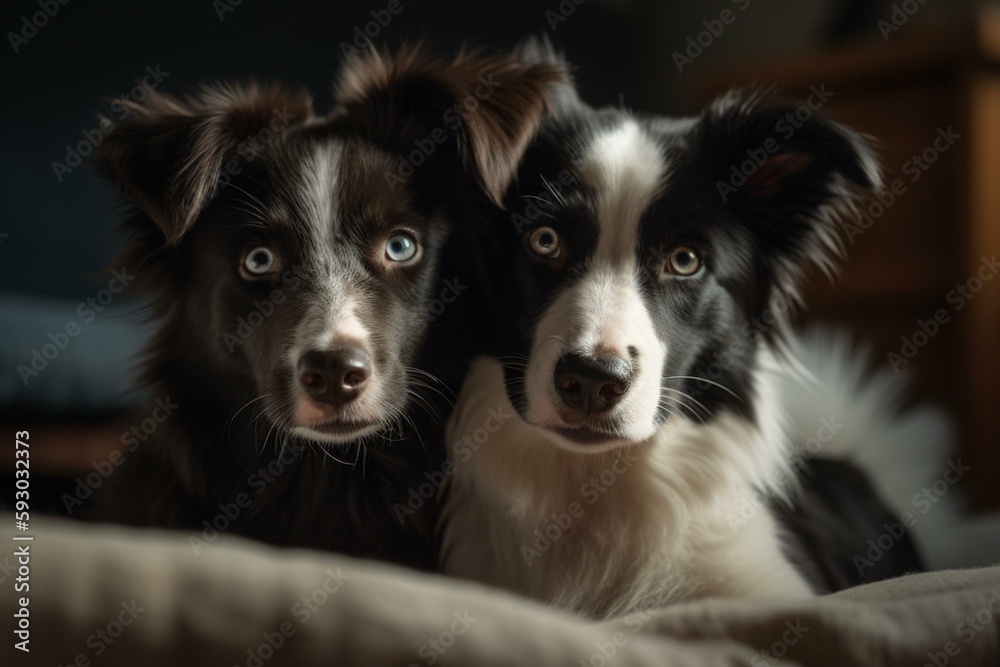 Fototapeta premium border collie puppy and cat cuddle. Generative AI