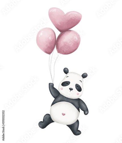 Cute panda flying on pink balloons on white background