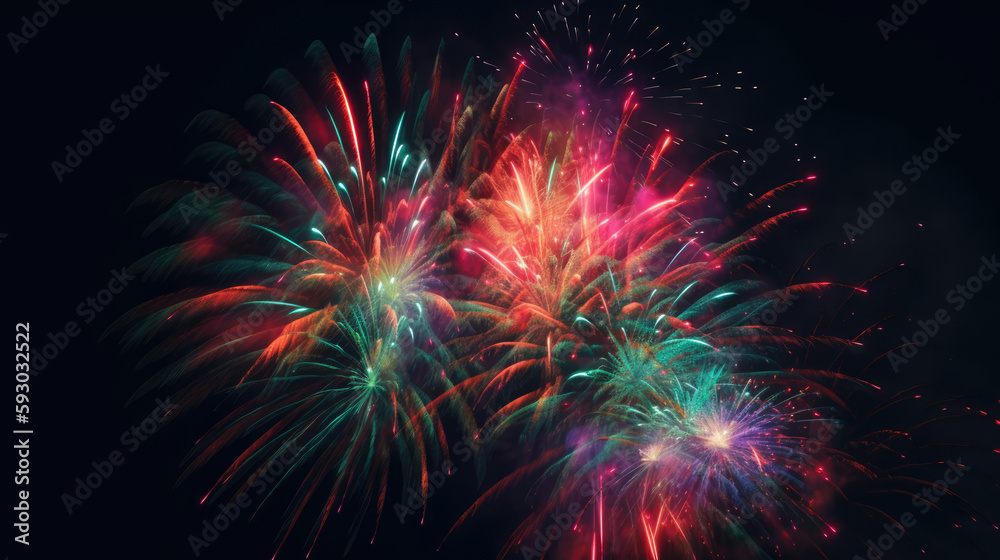Fototapeta premium Celebration multicolored fireworks, copy space. 4 of July, 4th of July, Independence Day beautiful fireworks. Canada Day holidays salute. New Year celebration colorful fireworks.