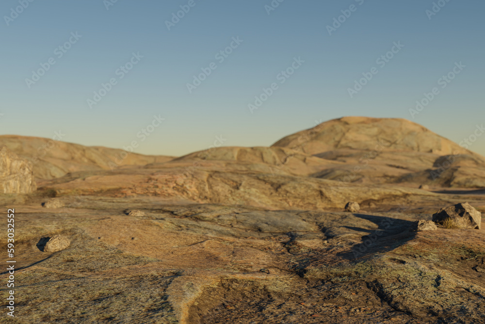 large desert environment with sand dunes, hills and rocks laying arround; climate change heat concept; 3D Illustration