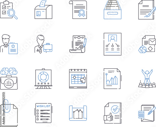 Document processing outline icons collection. Documentation, Processing, Editing, Scanning, Creating, Sharing, Formatting vector and illustration concept set. Organizing, Retrieving, Converting linear