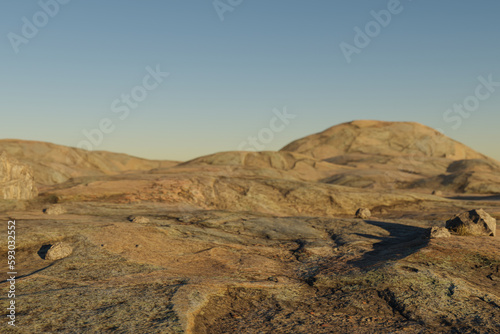 large desert environment with sand dunes, hills and rocks laying arround; climate change heat concept; 3D Illustration