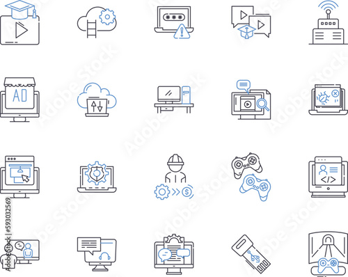 Digital devices outline icons collection. Digital, Devices, Technology, Electronics, Laptops, Phones, Tablets vector and illustration concept set. IoT, AI, Software linear signs
