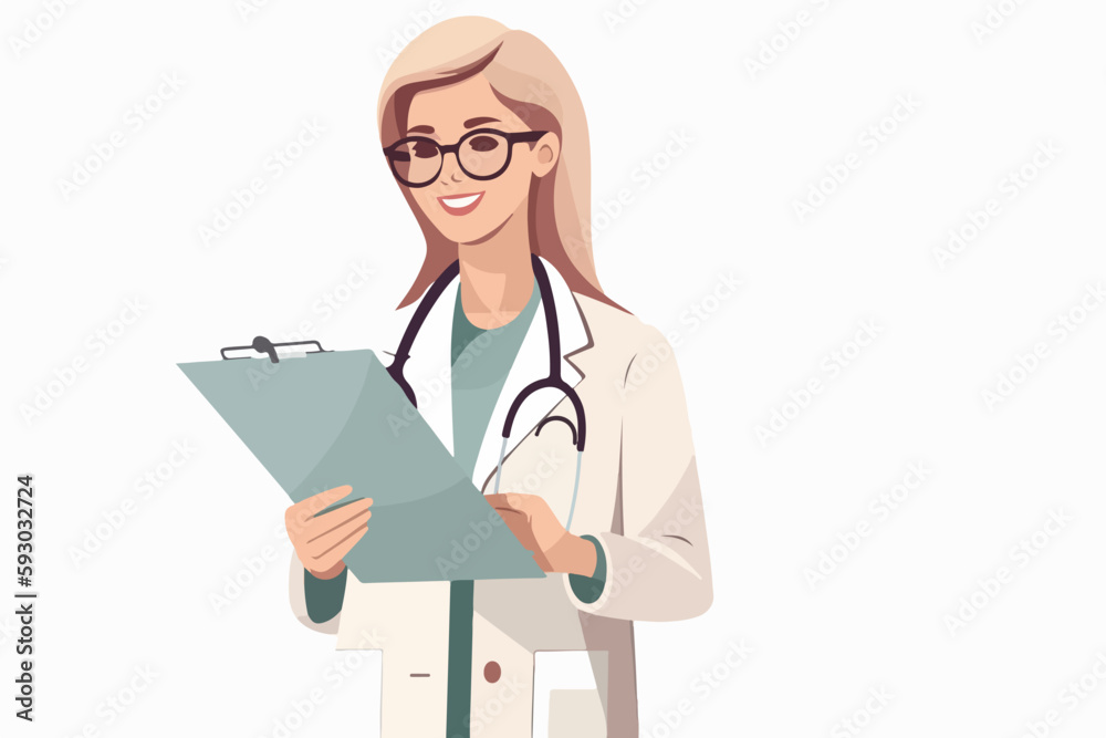 woman doctor holds a medical record and smile on a white background, vector flat illustration, Medical concept, Health сare сoncept woman doctor holds a medical record and smile on a white background, vector flat illustration, Medical concept, Health сare сoncept