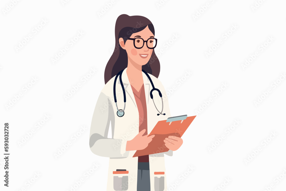 woman doctor holds a medical record and smile on a white background, vector flat illustration, Medical concept, Health сare сoncept woman doctor holds a medical record and smile on a white background, vector flat illustration, Medical concept, Health сare сoncept